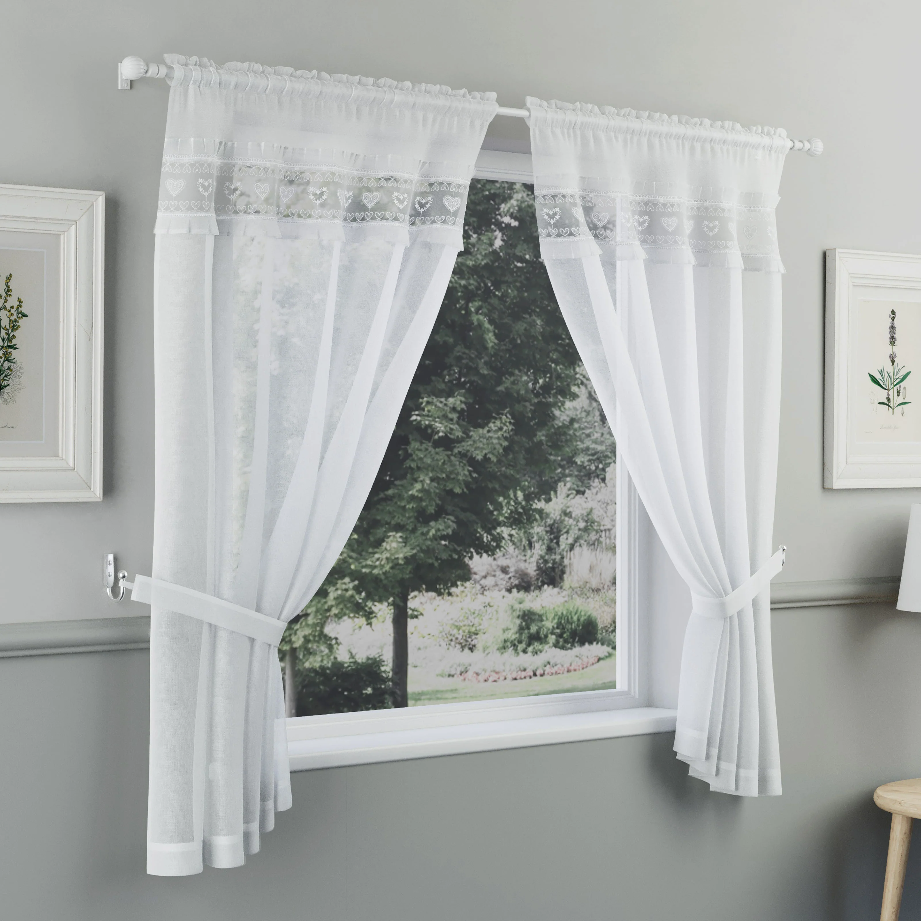 Tyrone Textiles Lucy White Embroidered Heart Kitchen Window Set Curtain Pair With Frill Edging And Matching Tie Backs