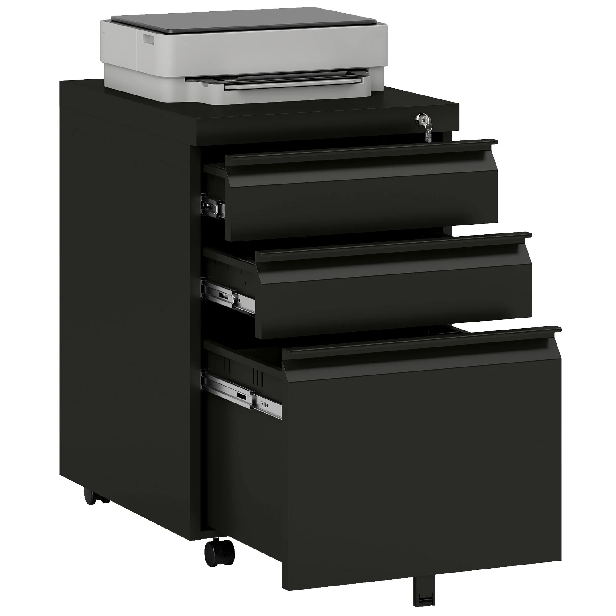 Vinsetto 3 Drawer File Cabinet, Lockable Metal Filling Cabinet, Black - Image 2