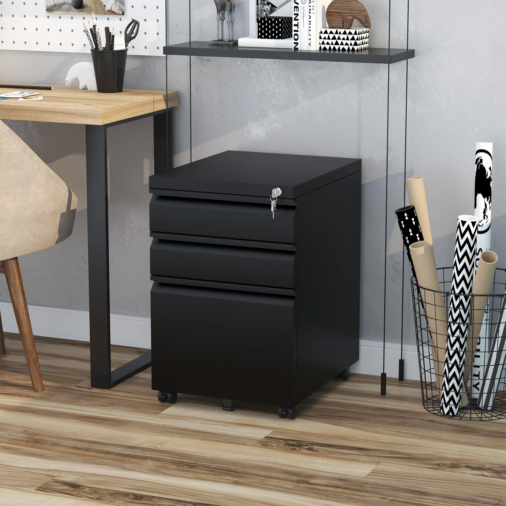 Vinsetto 3 Drawer File Cabinet, Lockable Metal Filling Cabinet, Black - Image 3