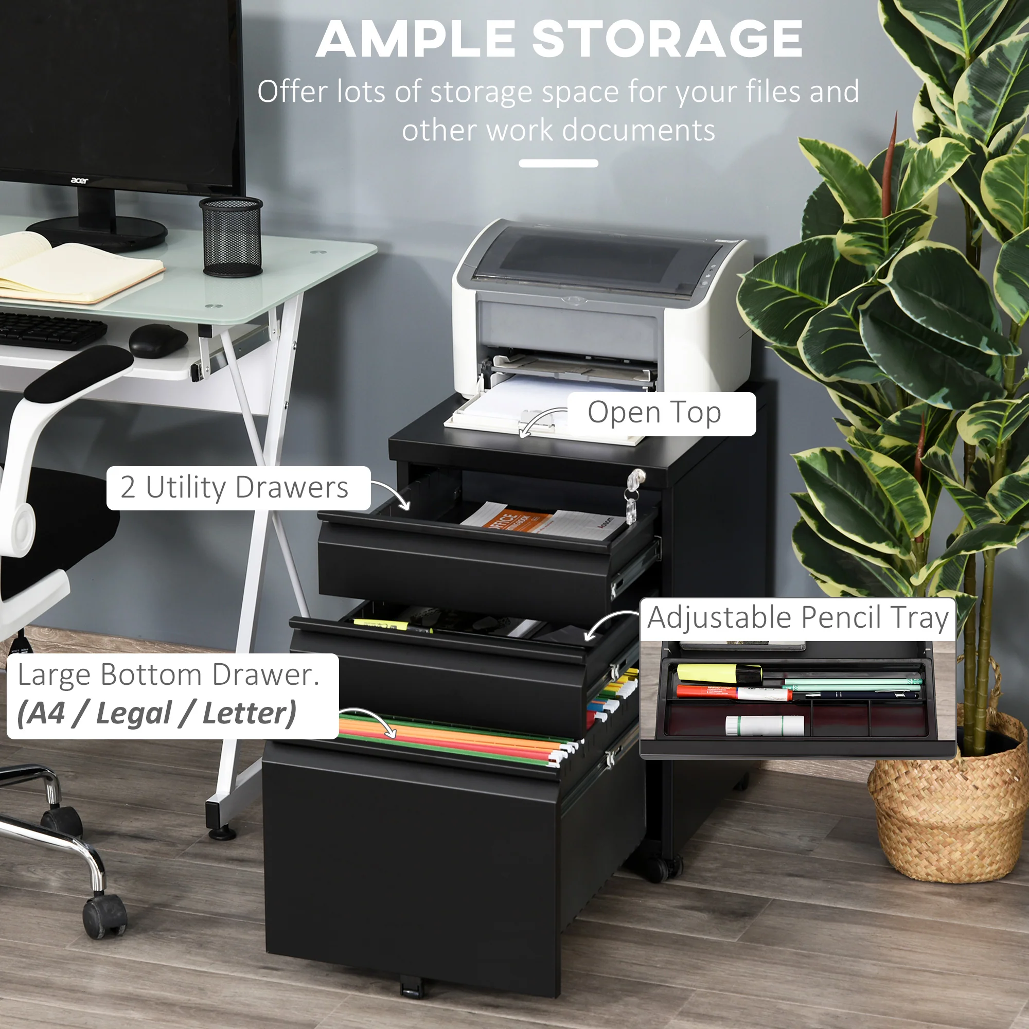 Vinsetto 3 Drawer File Cabinet, Lockable Metal Filling Cabinet, Black - Image 4