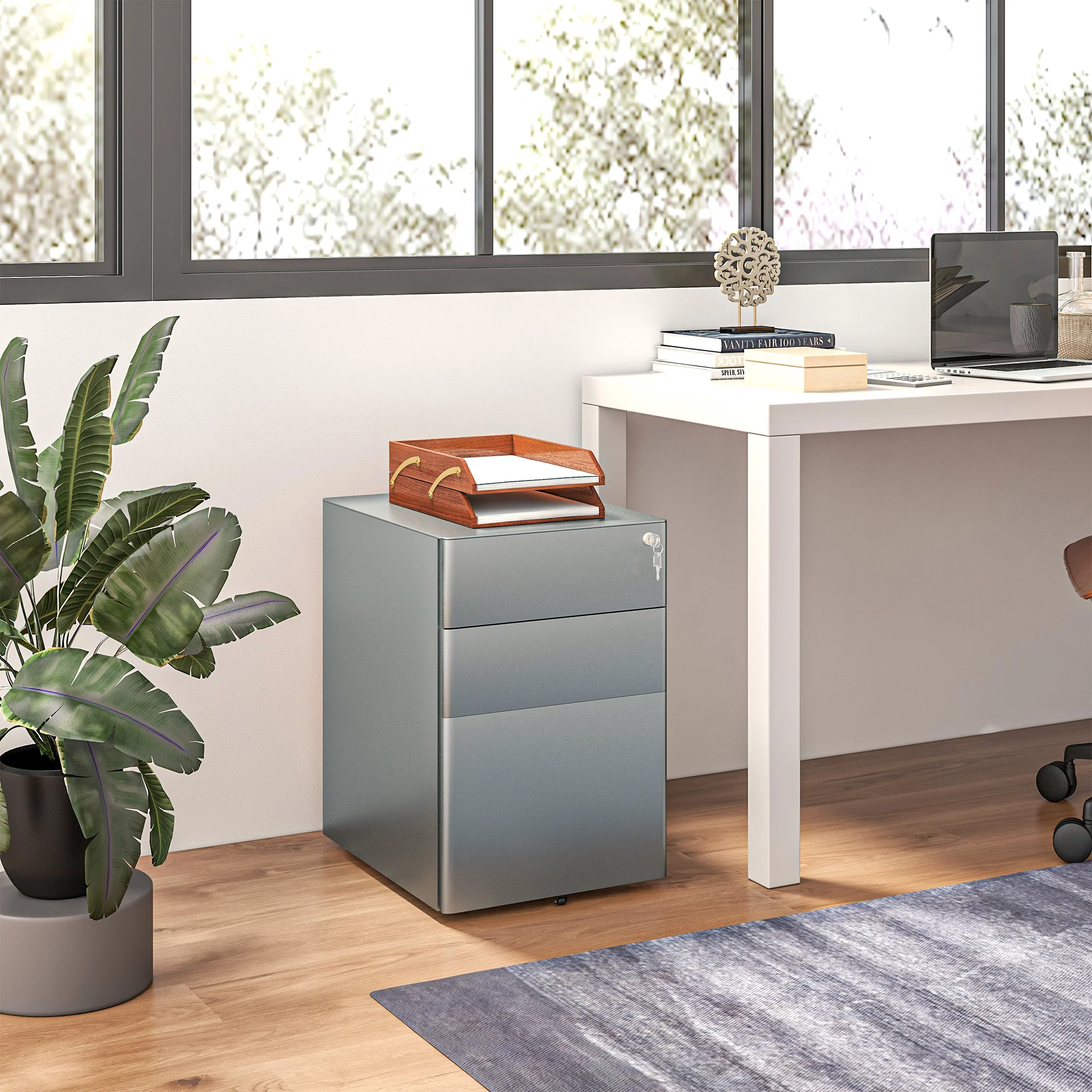 Vinsetto 3 Drawer Metal Filing Cabinet Lockable 5 Wheels Compact Under Desk Grey - Image 2
