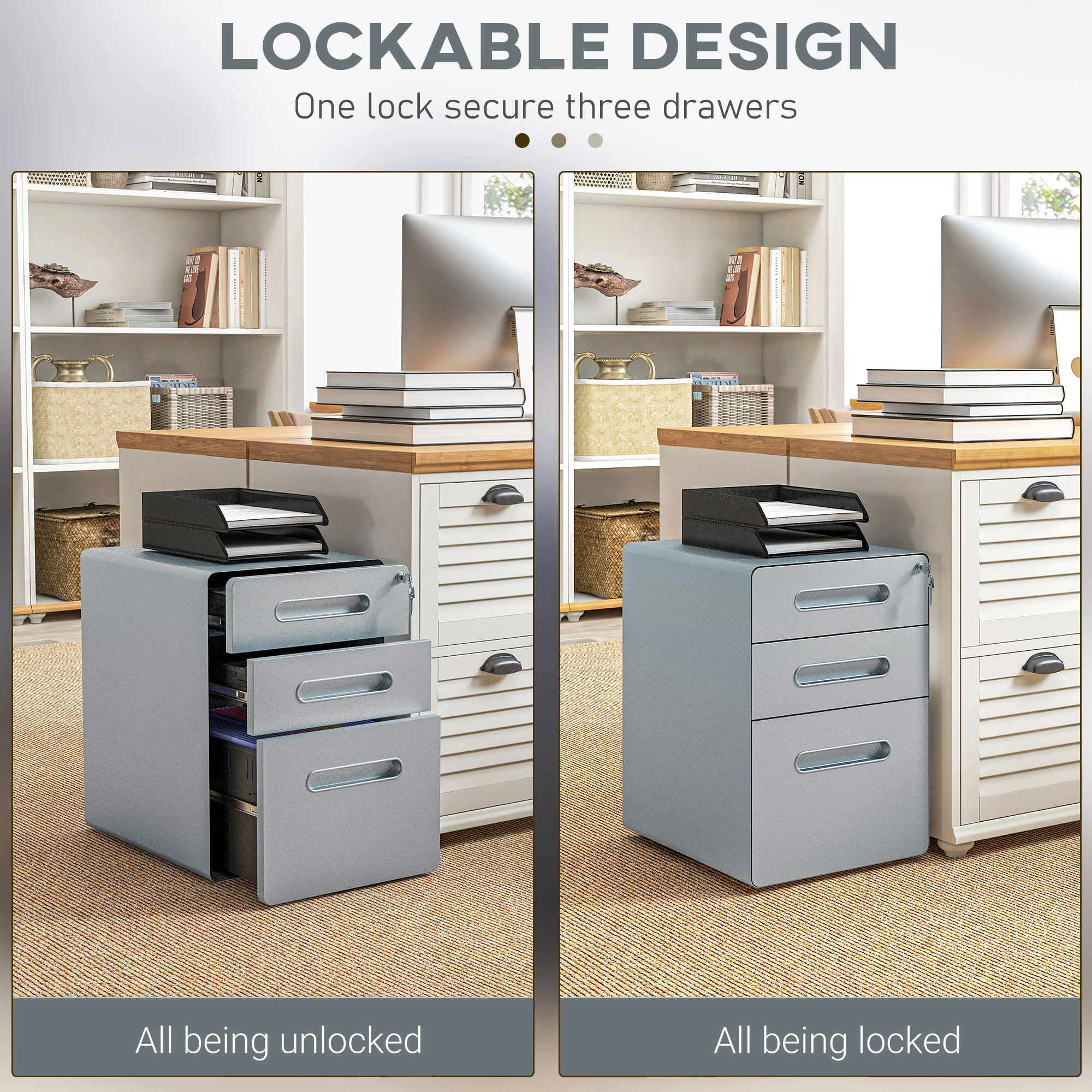 Vinsetto 3 Drawer Modern Steel Filing Cabinet w/ 4 Wheels Lock Pencil Box Grey - Image 3