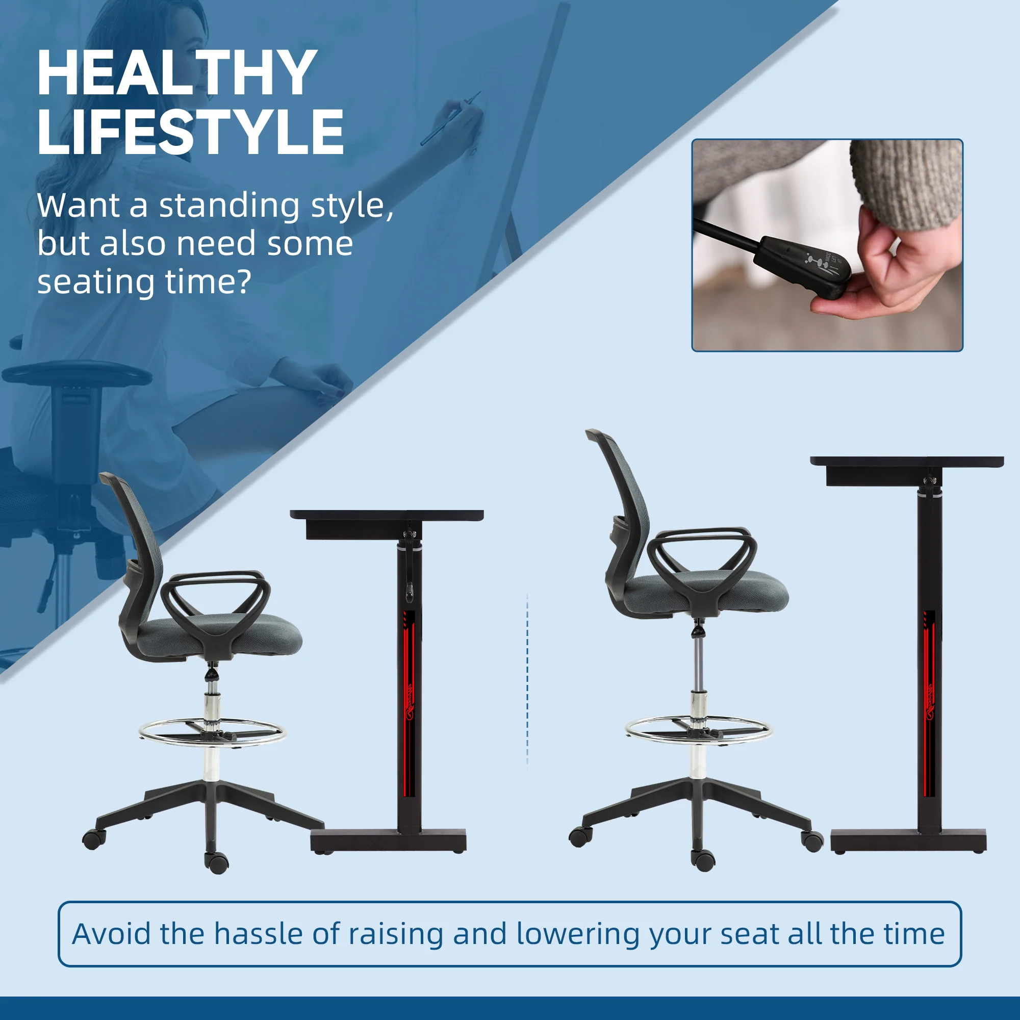Vinsetto Draughtsman Chair Tall Office Chair With Adjustable Height Grey - Image 3