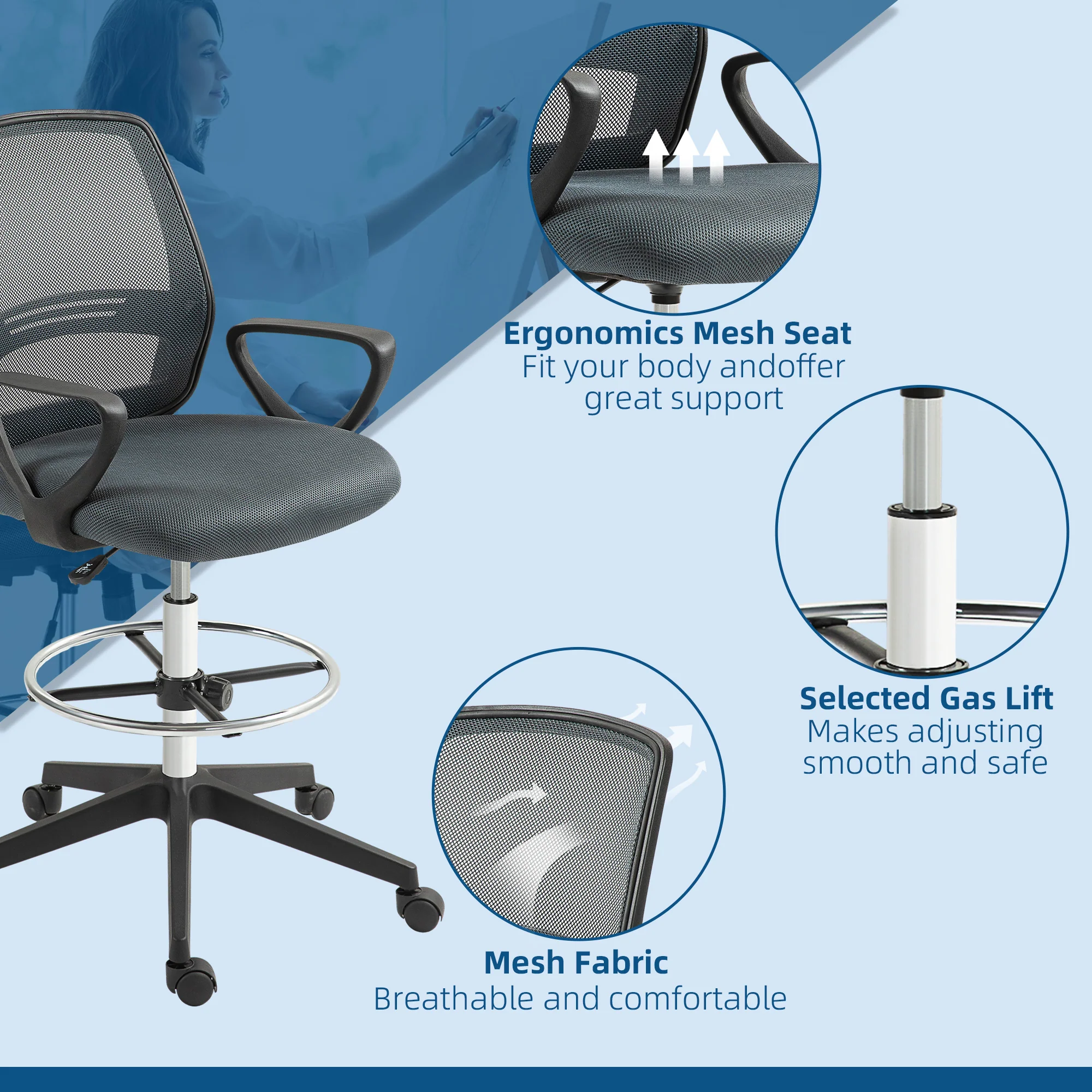 Vinsetto Draughtsman Chair Tall Office Chair With Adjustable Height Grey - Image 8