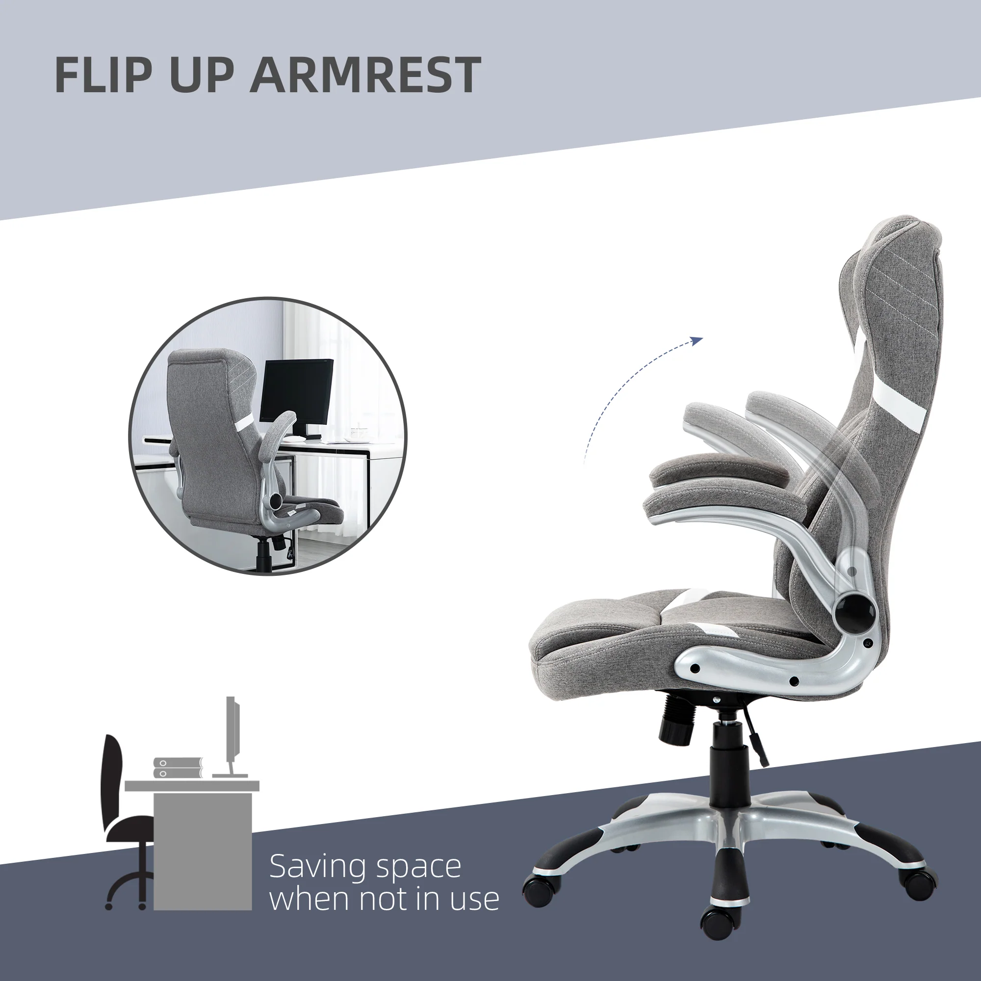 Vinsetto Fabric Office Desk Chair With Adjustable Height Tilt Function Grey - Image 7