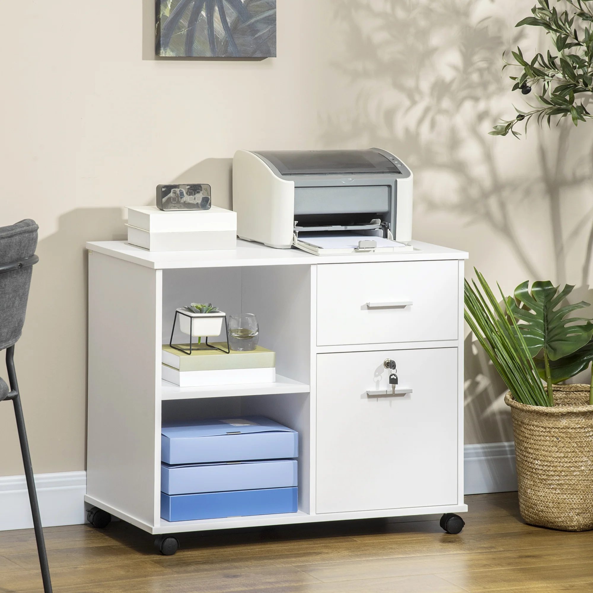 Vinsetto Filing Cabinet Mobile Printer Stand W/ Drawer for A4 Size Files, White - Image 2