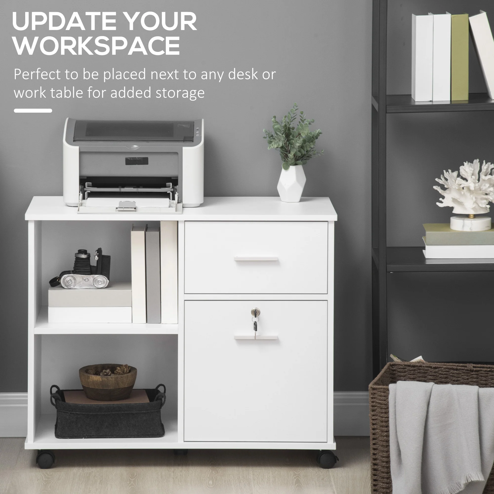 Vinsetto Filing Cabinet Mobile Printer Stand W/ Drawer for A4 Size Files, White - Image 3