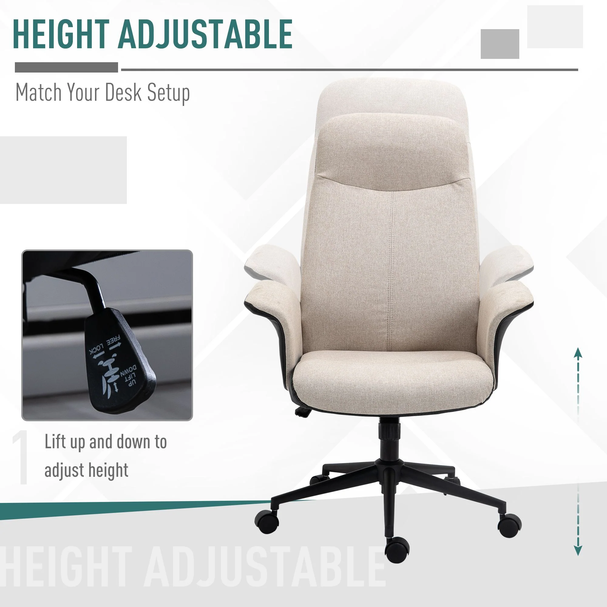Vinsetto High-Back Office Chair Computer Desk Chair With Tilt Function Beige - Image 3