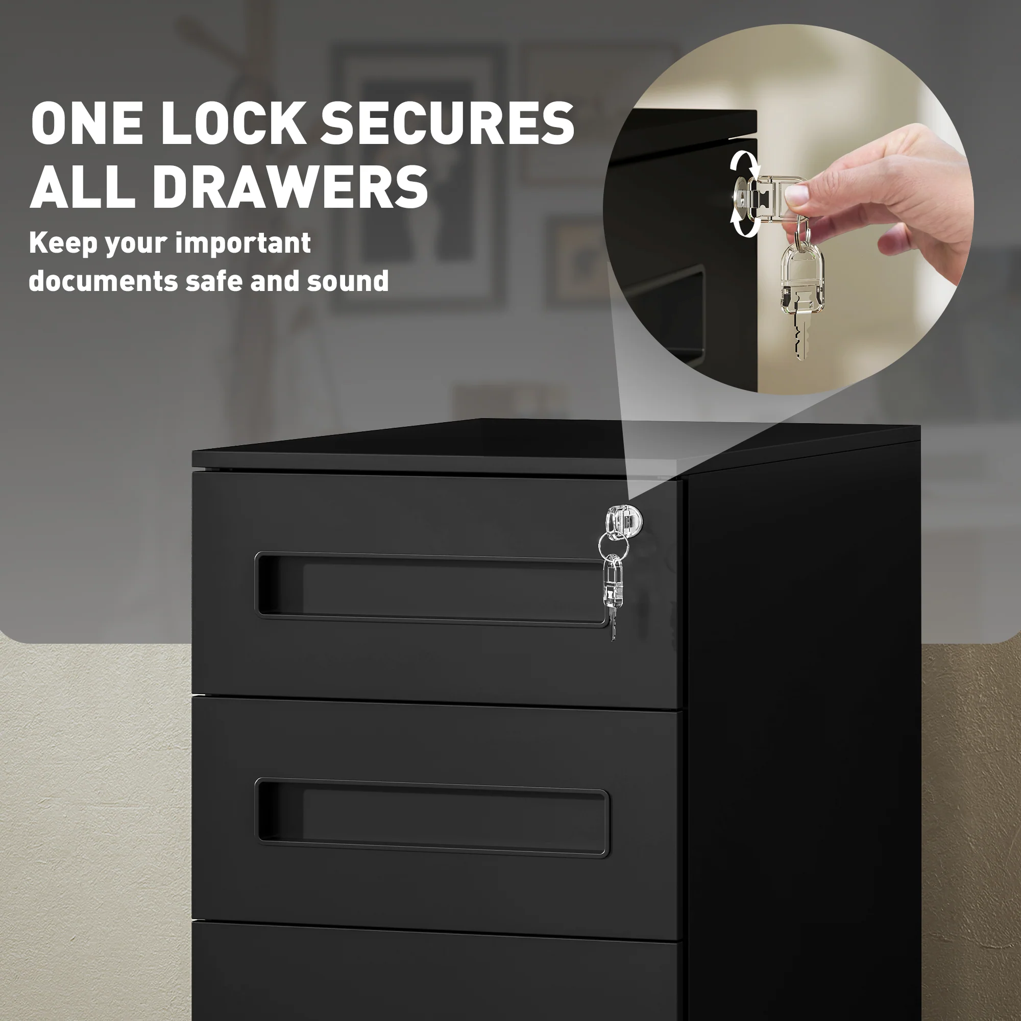 Vinsetto Lockable Mobile Filing Cabinet w/ 3 Drawers 30 x 43.5 x 60 cm - Image 6