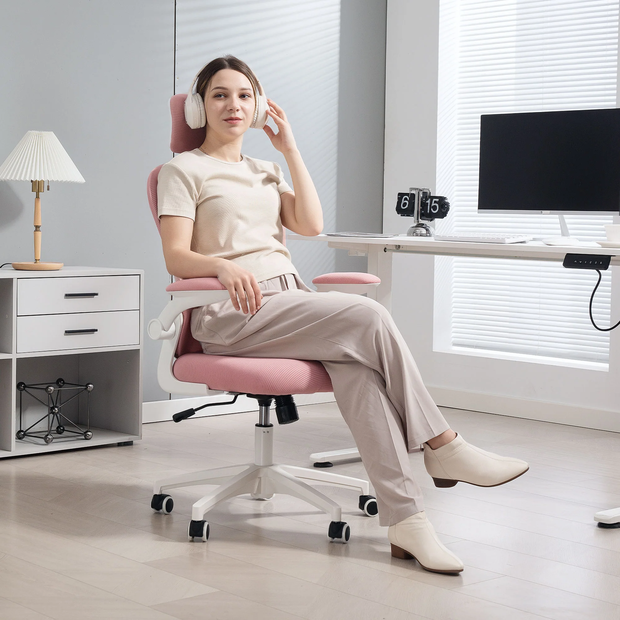 Vinsetto Mesh Chair With Headrest, 4D Lumbar Support, Flip-up Arm - White/Pink/Black - Image 11