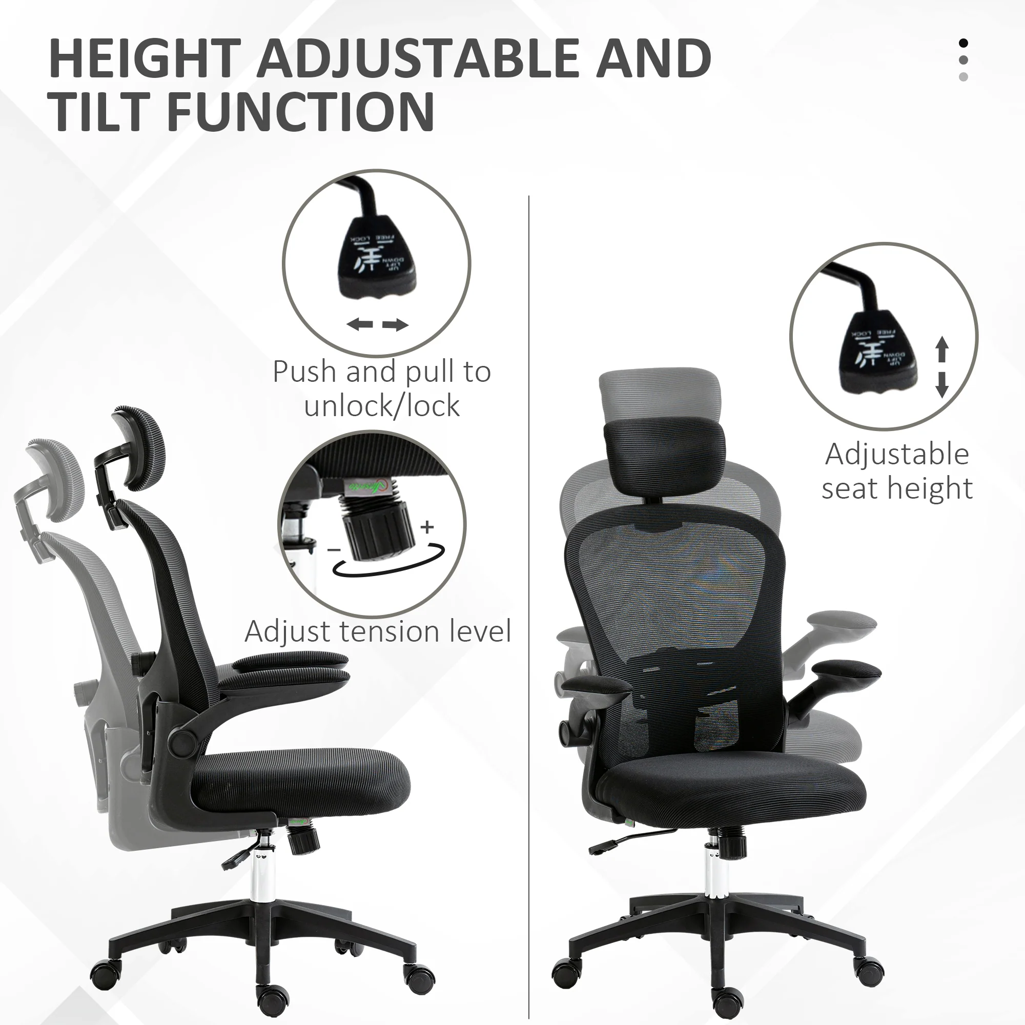 Vinsetto Mesh Chair With Headrest, 4D Lumbar Support, Flip-up Arm - White/Pink/Black - Image 3