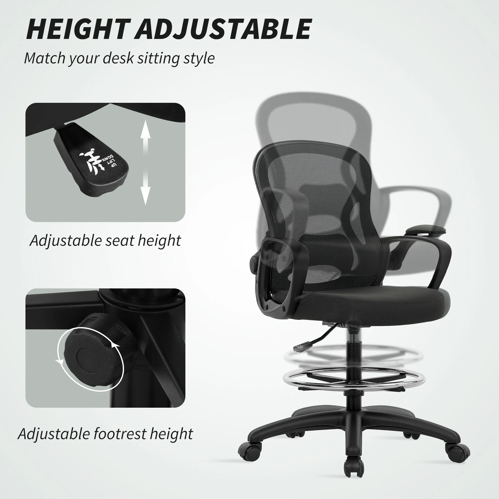 Vinsetto Mesh Office Chair With Lumbar Support, Adjustable Height, Black - Image 3