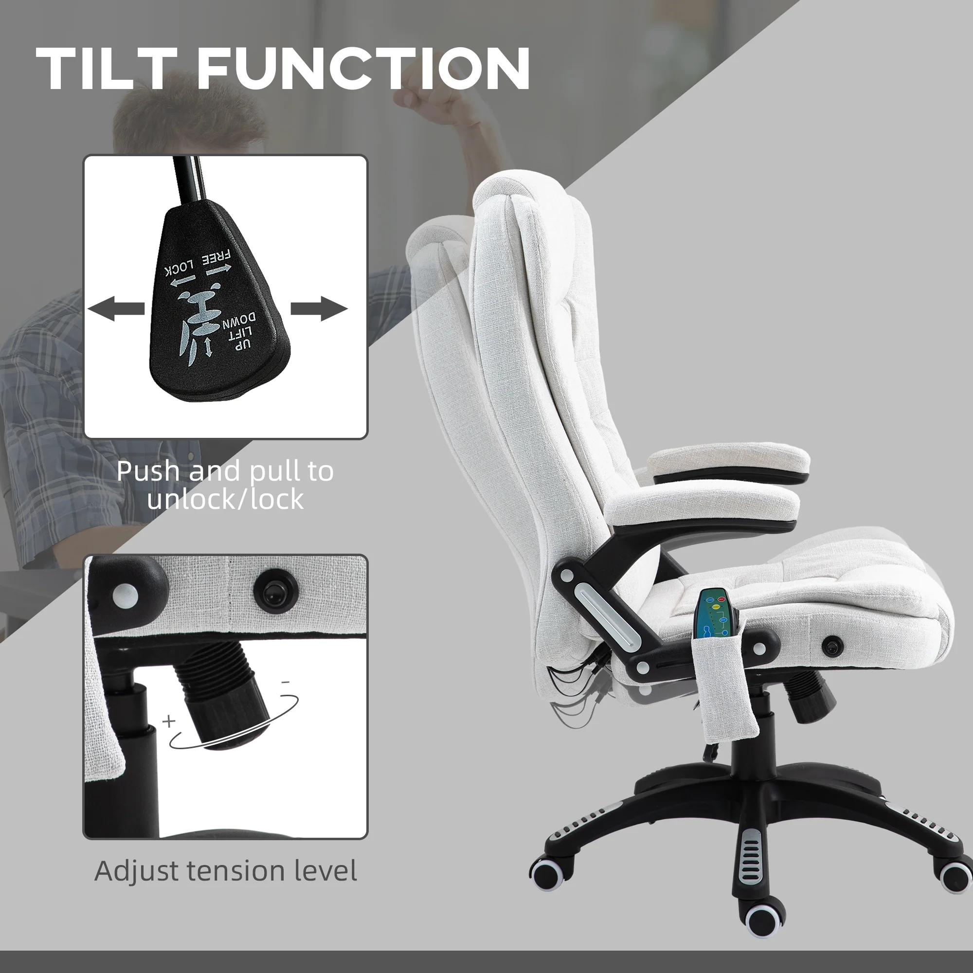 Vinsetto Office Chair W/ Heating Massage Points Relaxing Reclining Cream White - Image 6