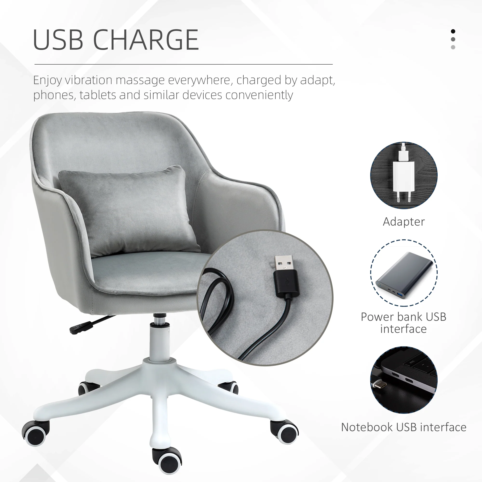 Vinsetto Office Chair with Rechargeable Vibration Massage Lumbar Pillow, Wheels - Image 3