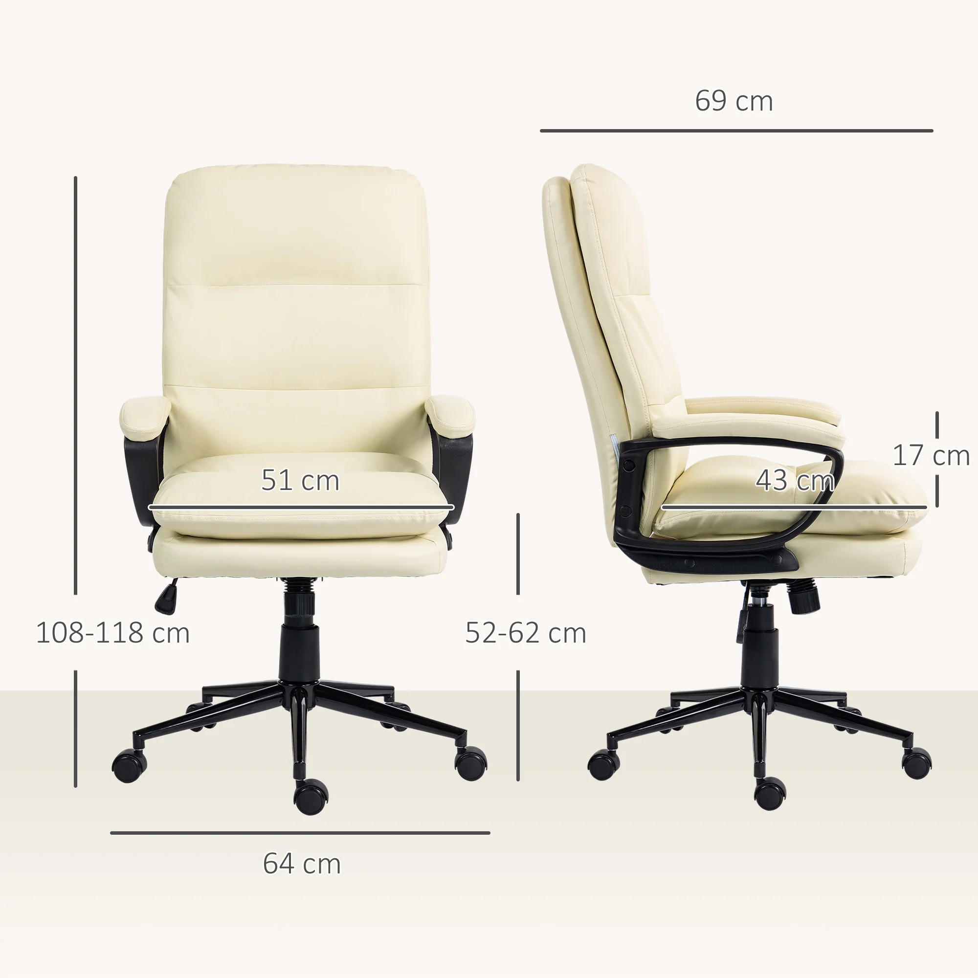 Vinsetto PU Leather Office Chair With Arm, Adjustable Height, Cream White - Image 5