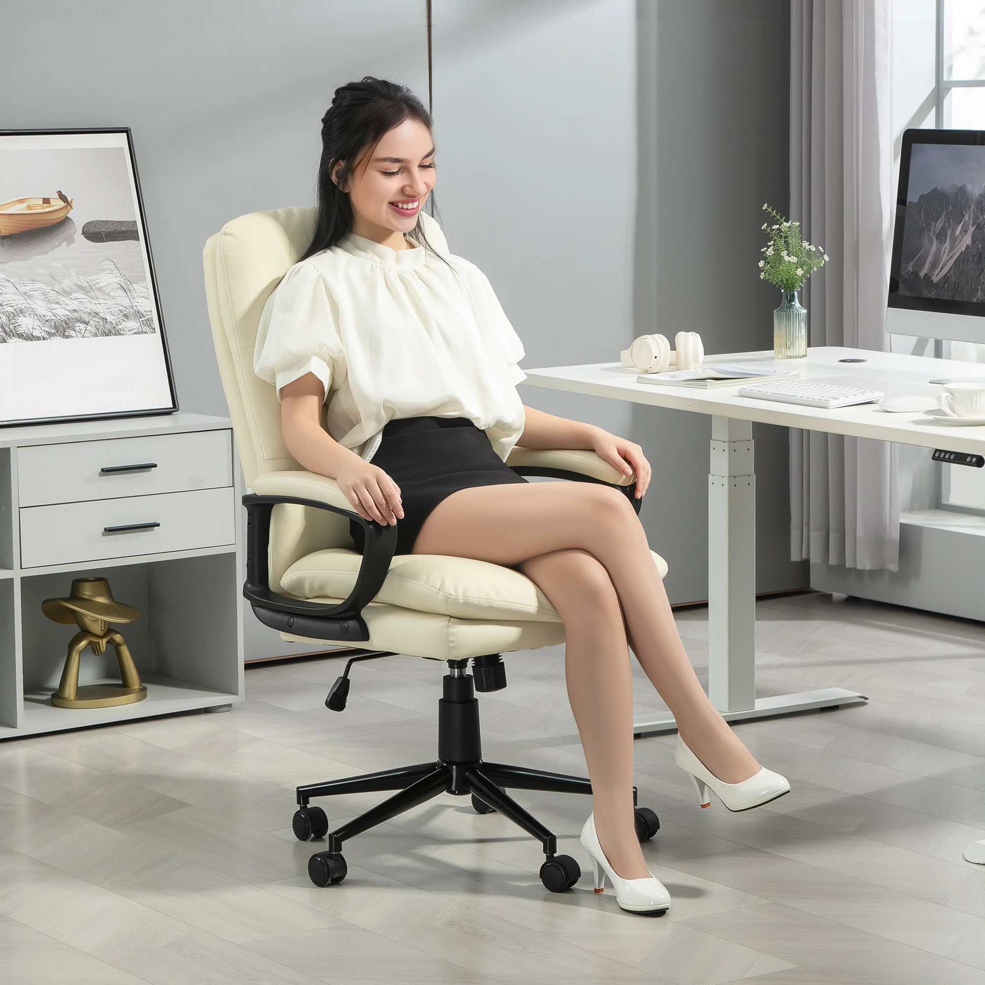Vinsetto PU Leather Office Chair With Arm, Adjustable Height, Cream White - Image 6