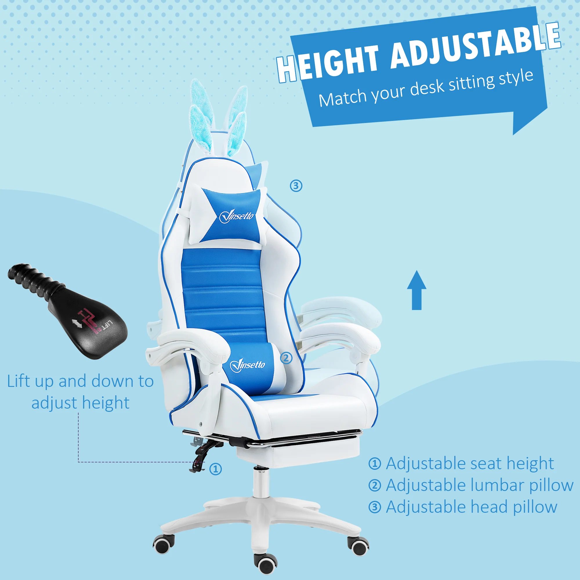 Vinsetto Racing Style Gaming Chair With Footrest Removable Rabbit Ears, Blue - Image 4