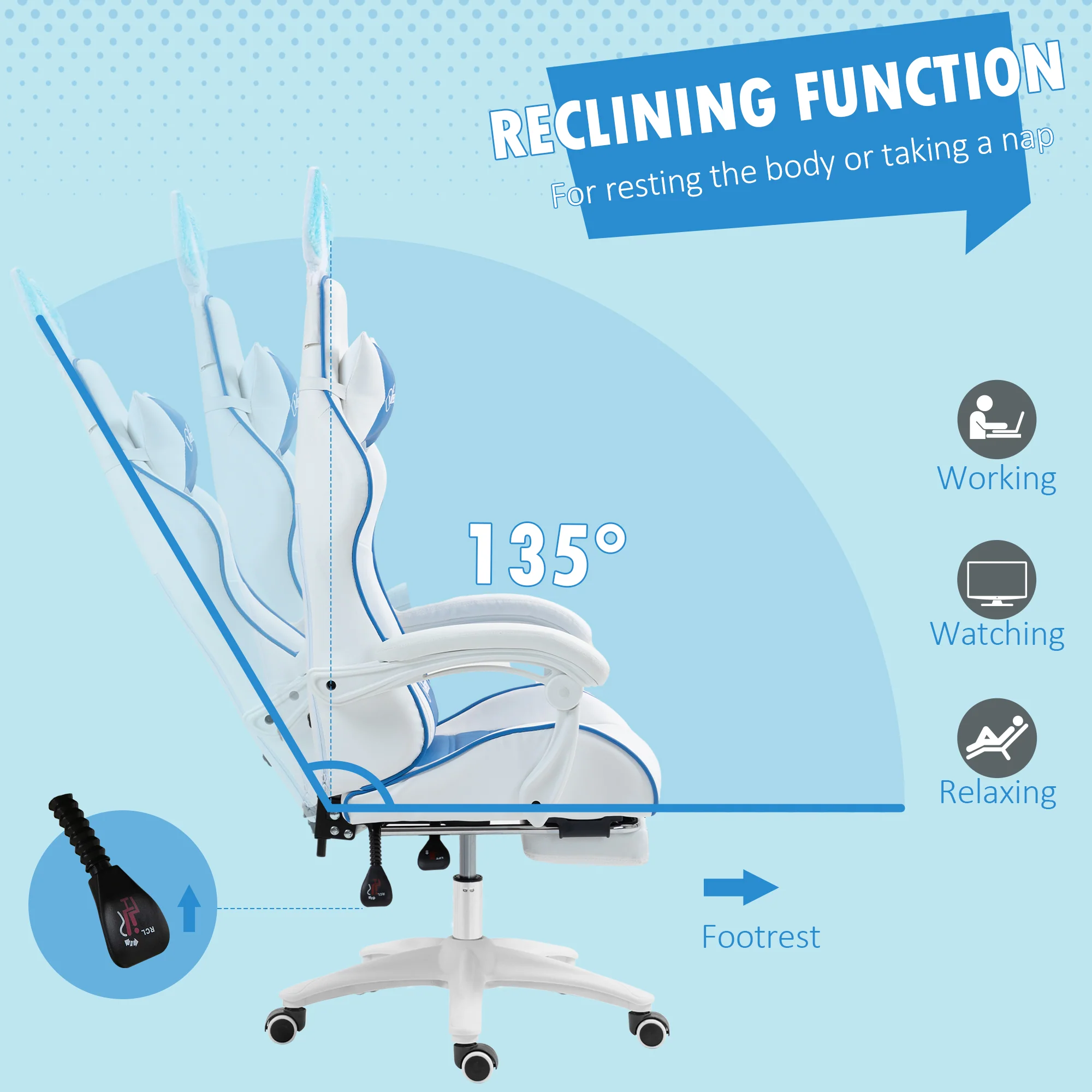 Vinsetto Racing Style Gaming Chair With Footrest Removable Rabbit Ears, Blue - Image 6