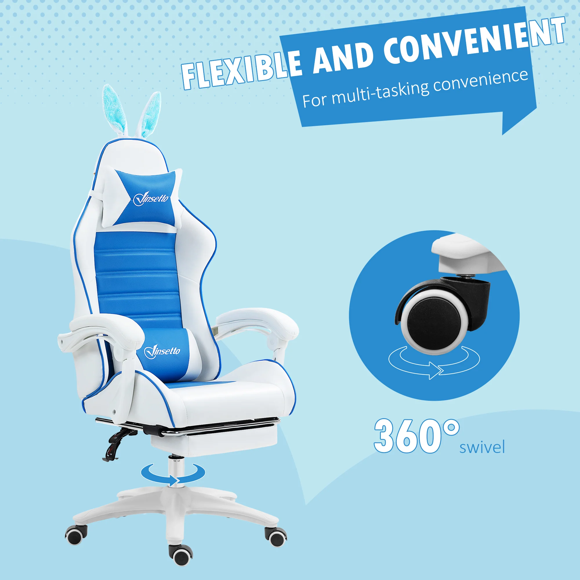 Vinsetto Racing Style Gaming Chair With Footrest Removable Rabbit Ears, Blue - Image 7