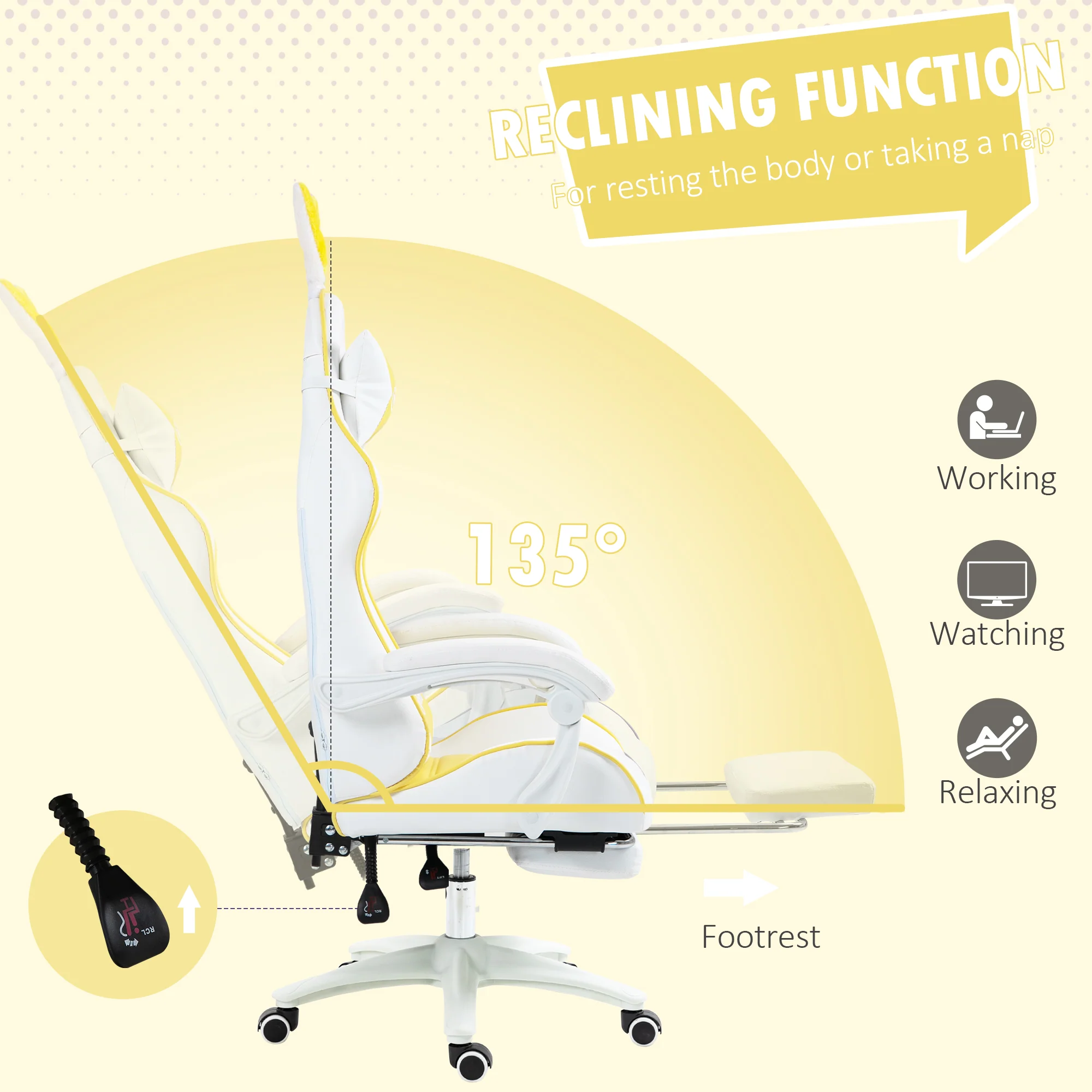 Vinsetto Racing Style Gaming Chair With Footrest Removable Rabbit Ears, Yellow - Image 6
