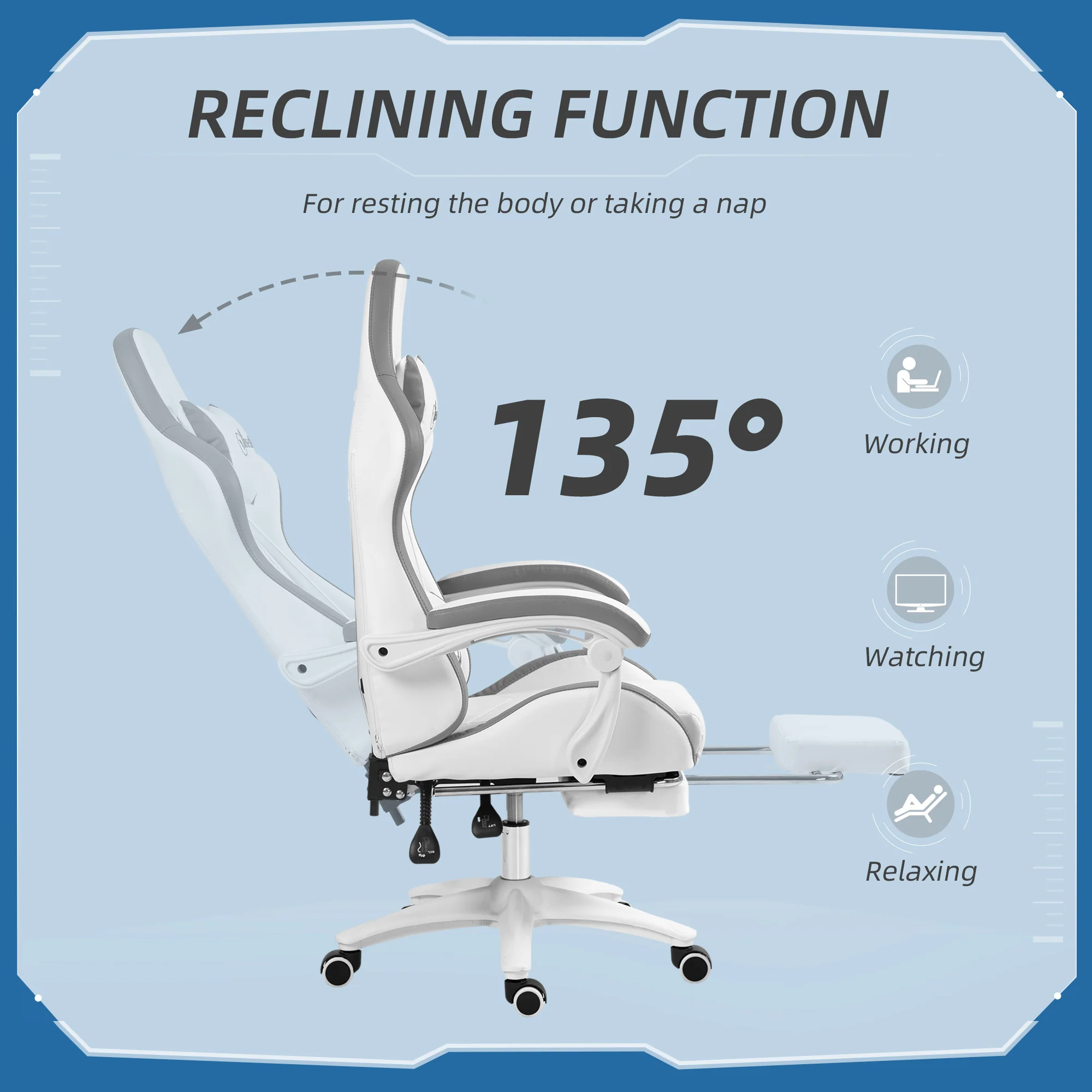 Vinsetto Racing Style Gaming Chair With Reclining Function Footrest, Grey - Image 4