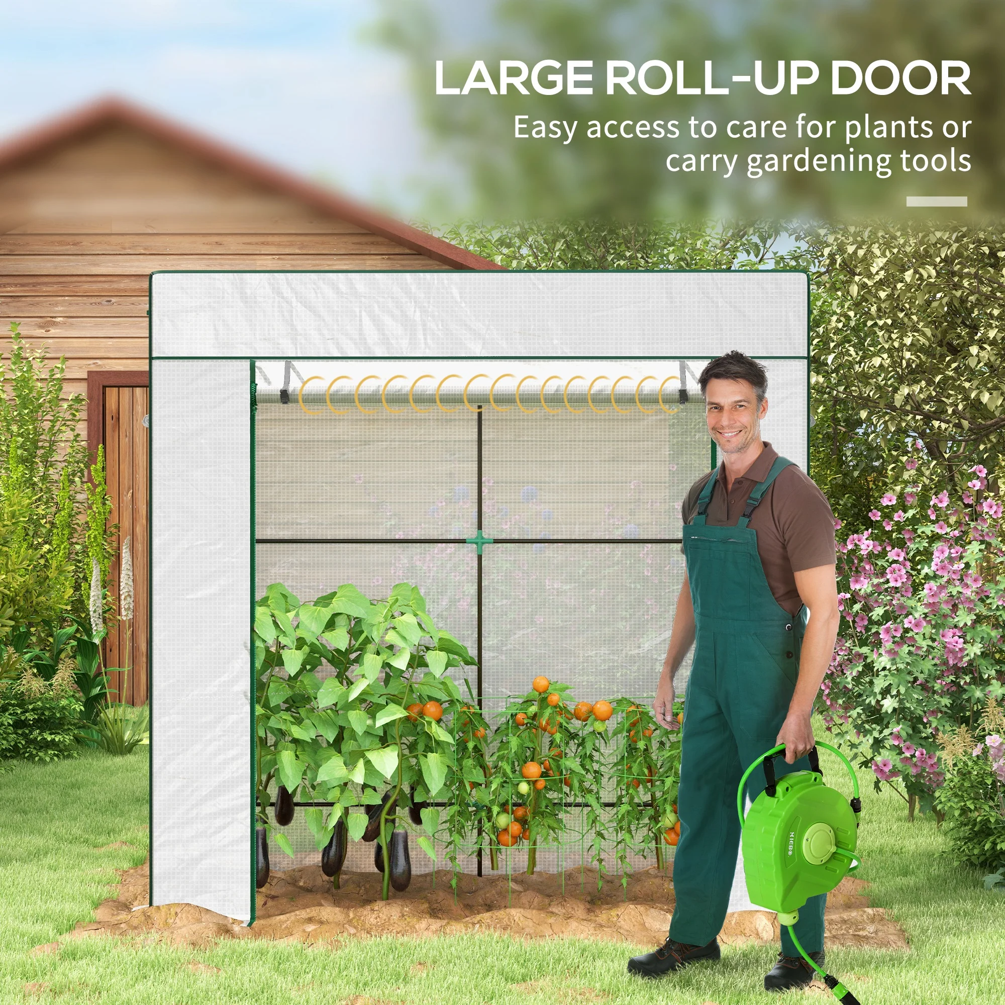 Walk-in Garden Green House with Large Roll-up Door and 2 Mesh Windows, White - Image 4