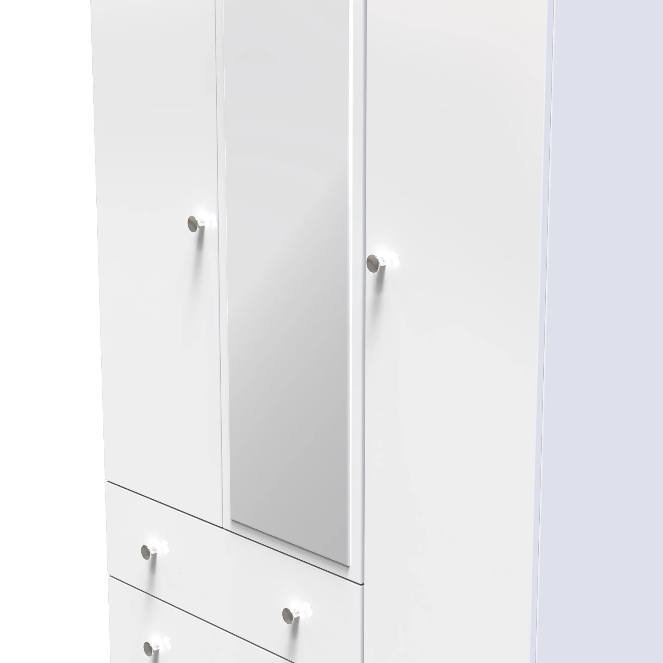 Yarmouth Tall Triple 2 Drawer Mirrored Wardrobe in White & White Matt - Ready Assembled - Image 4