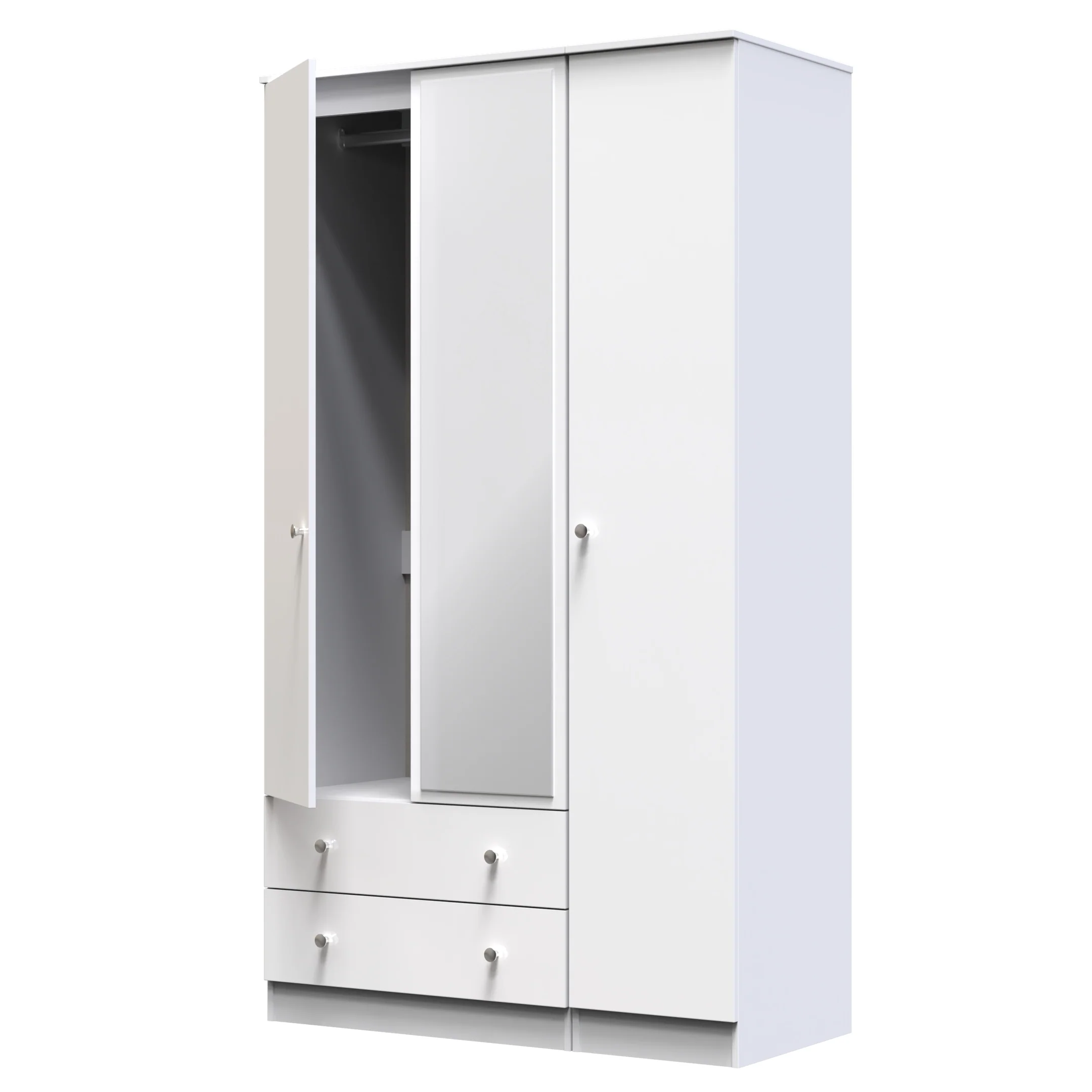 Yarmouth Tall Triple 2 Drawer Mirrored Wardrobe in White & White Matt - Ready Assembled - Image 5