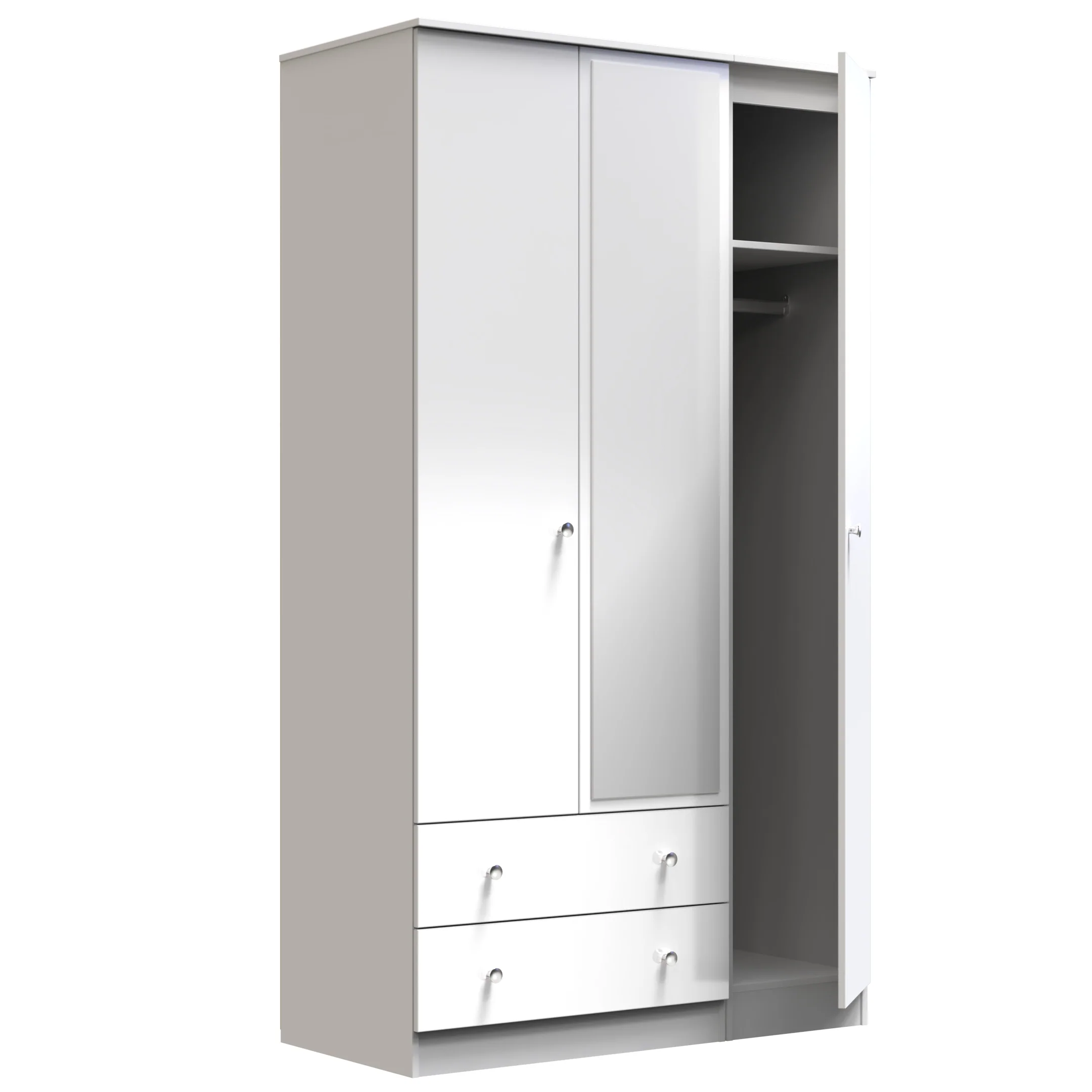 Yarmouth Tall Triple 2 Drawer Mirrored Wardrobe in White & White Matt - Ready Assembled - Image 6