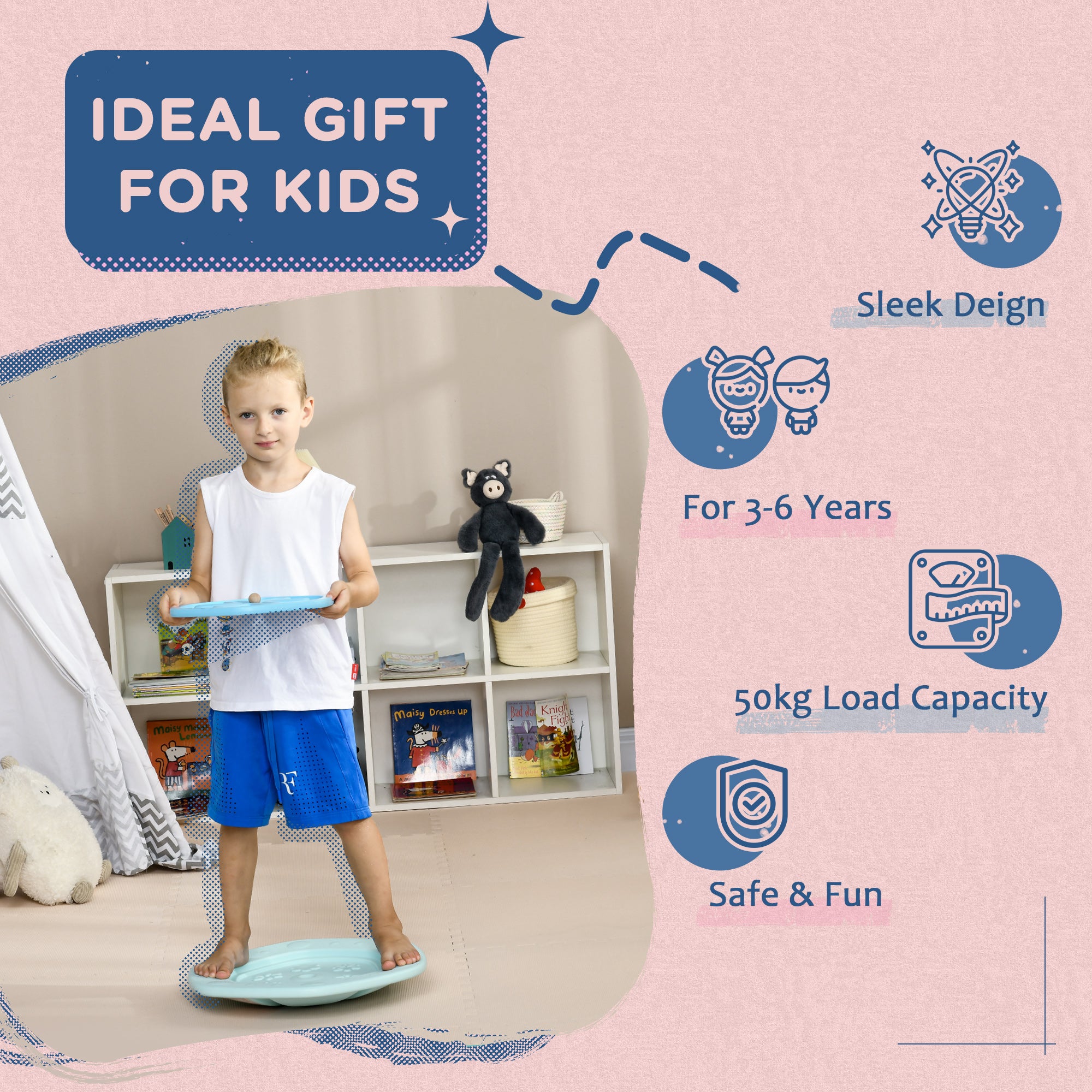 ZONEKIZ 2 in 1 Balance Board, Kids Wobble Board with Ball - Blue - Image 7