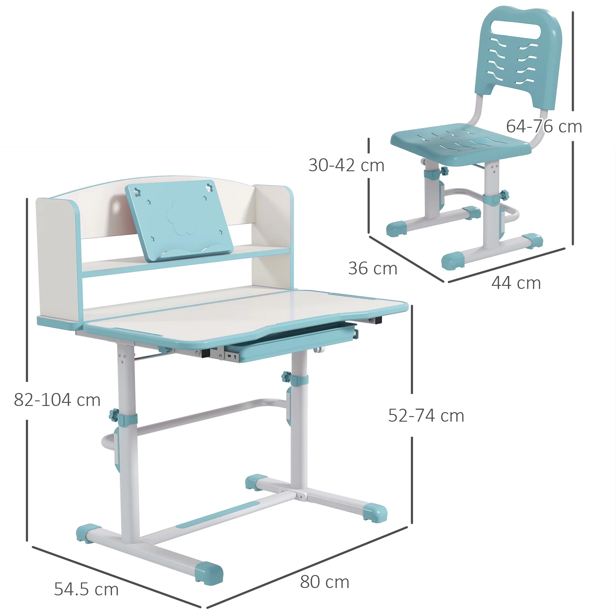 ZONEKIZ Height Adjustable Kids Desk and Chair Set, with Drawer, Bookshelf, Blue - Image 5