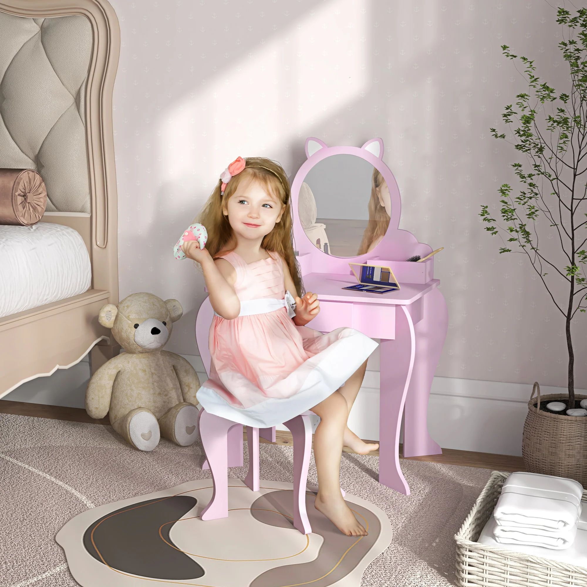 ZONEKIZ Kids Dressing Table, Cat Design W/ Mirror, Stool, Drawer, Storage Box - Image 2