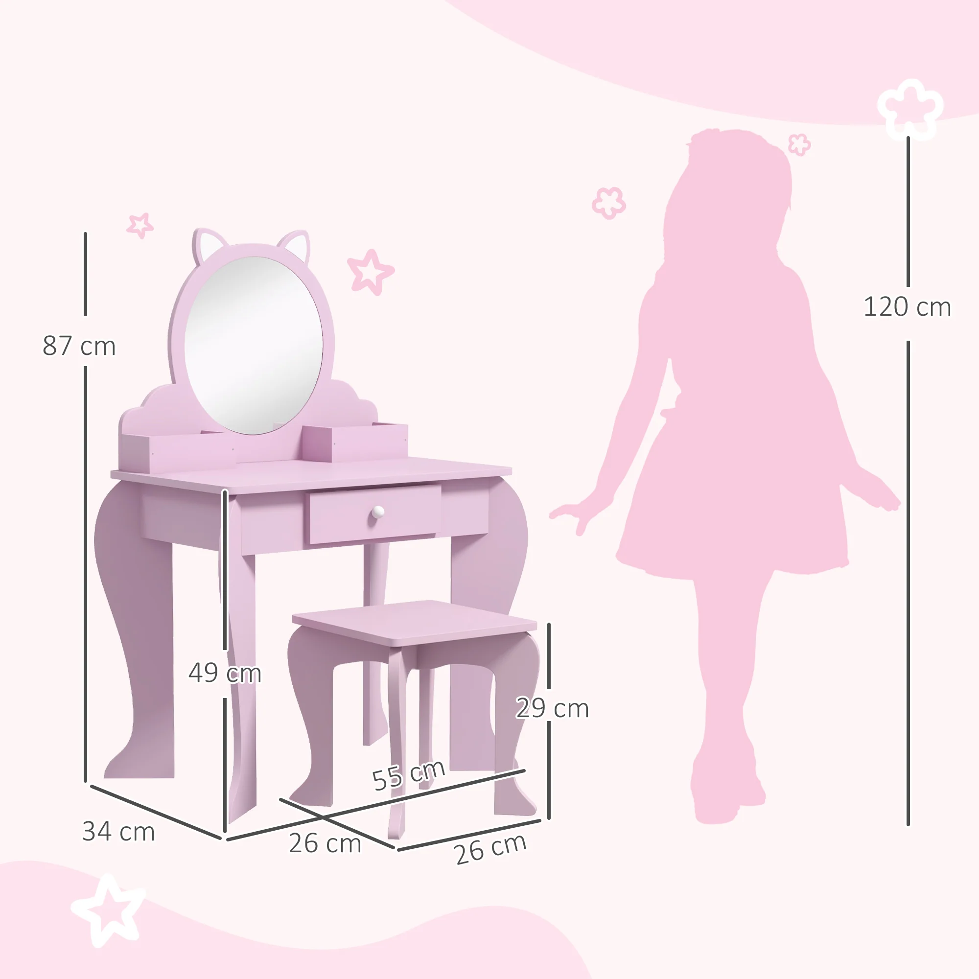 ZONEKIZ Kids Dressing Table, Cat Design W/ Mirror, Stool, Drawer, Storage Box - Image 5