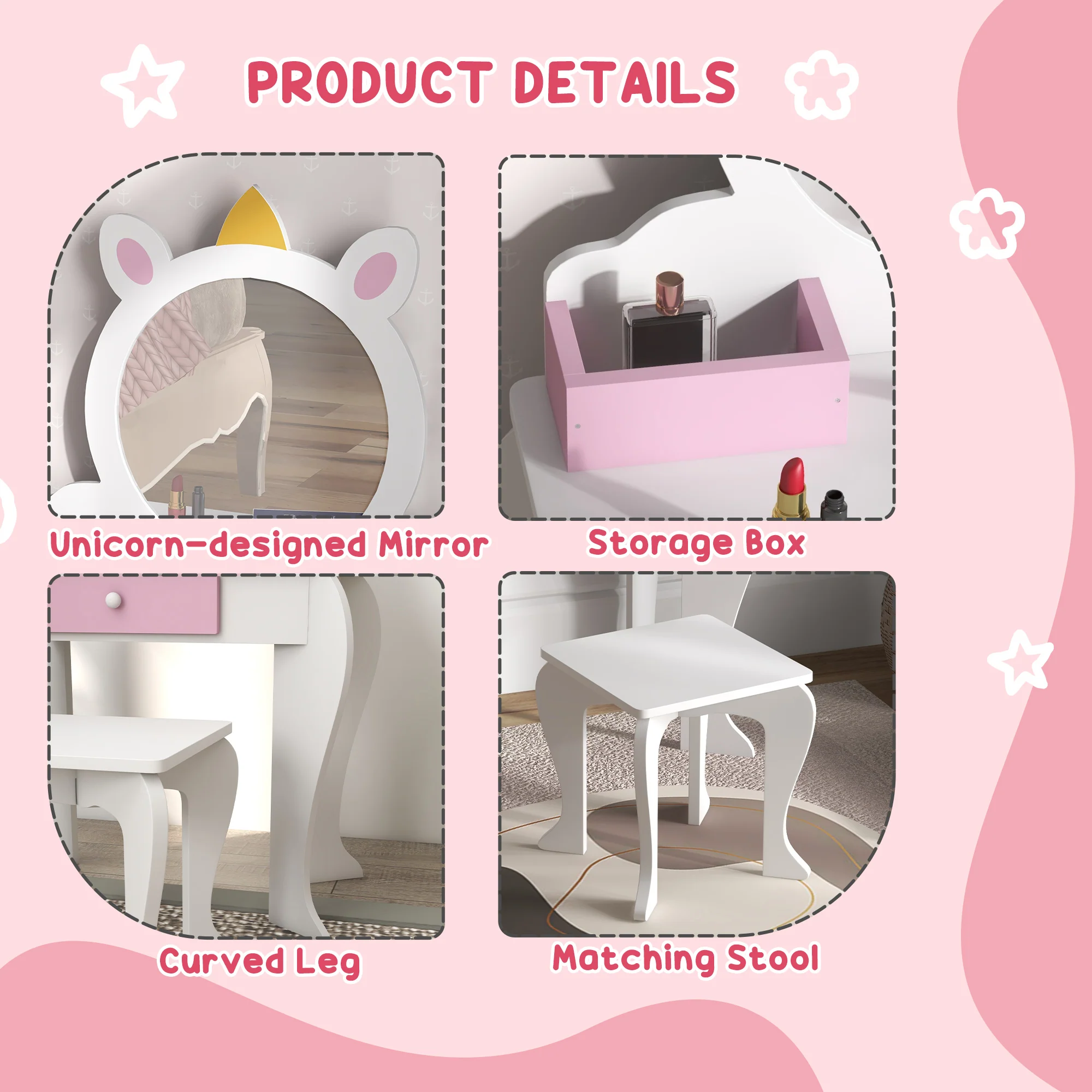 ZONEKIZ Kids Dressing Table with Mirror and Stool, Drawer, Storage Boxes - White - Image 6